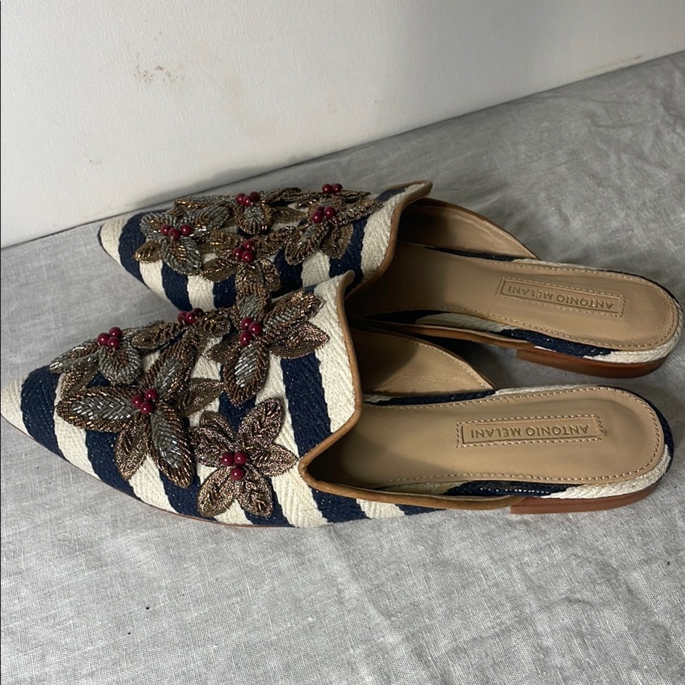 Antonio Melani Blue and Cream Mules with Crisscross Straps